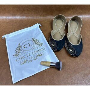 Womens Black & Beige Embroidered Jutti Flats Leather Sole Circle Living Size 9 W